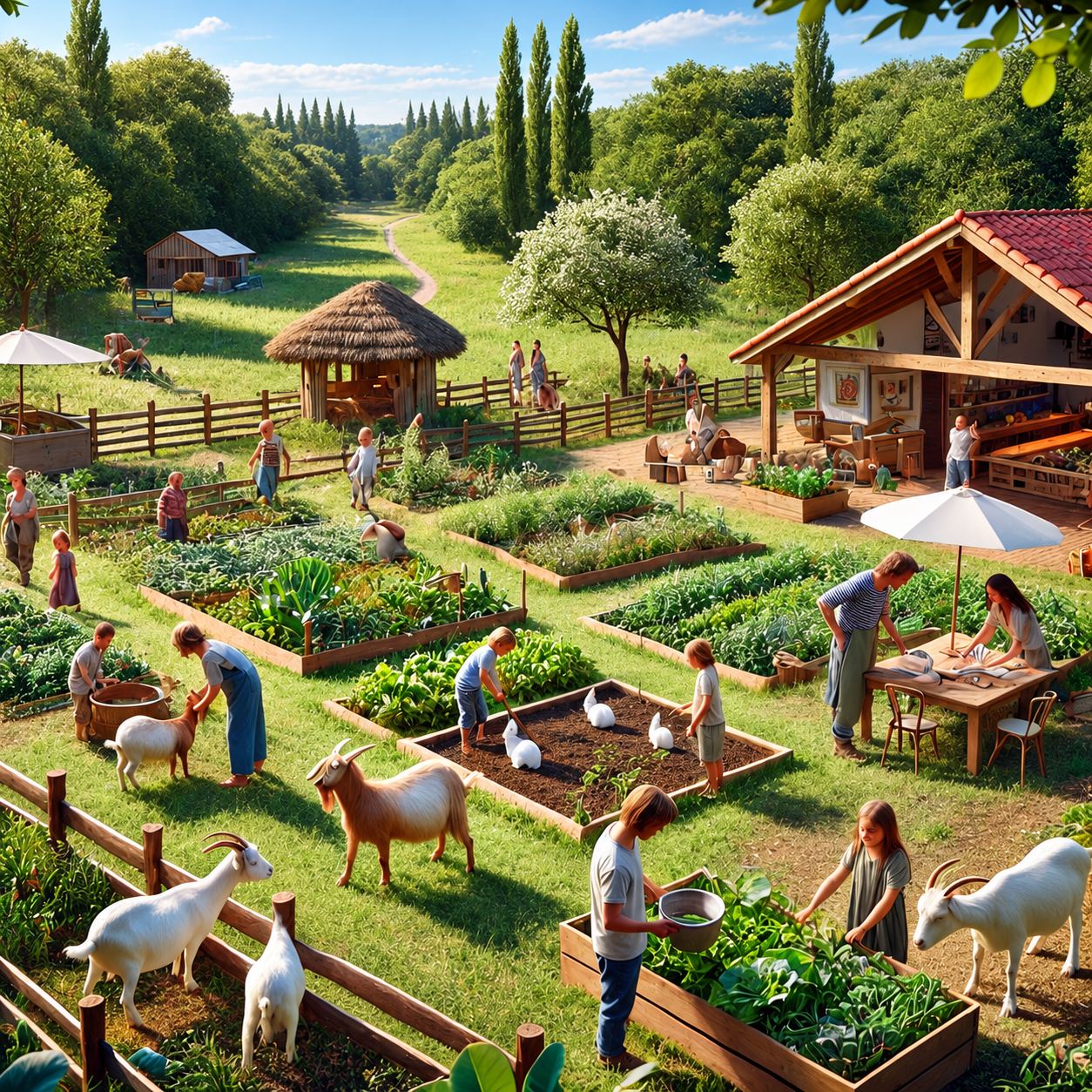 Illustration de la ferme : potagers en bacs de bois, chèvres, arbres et chemin dans la campagne.