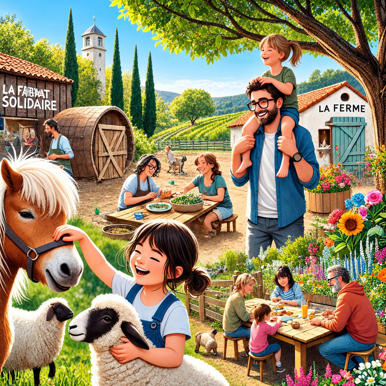 Illustration de la ferme : une fillette rit en caressant un poney et un agneau, un homme porte une enfant sur ses épaules, des familles autour de tables en bois sous les arbres.